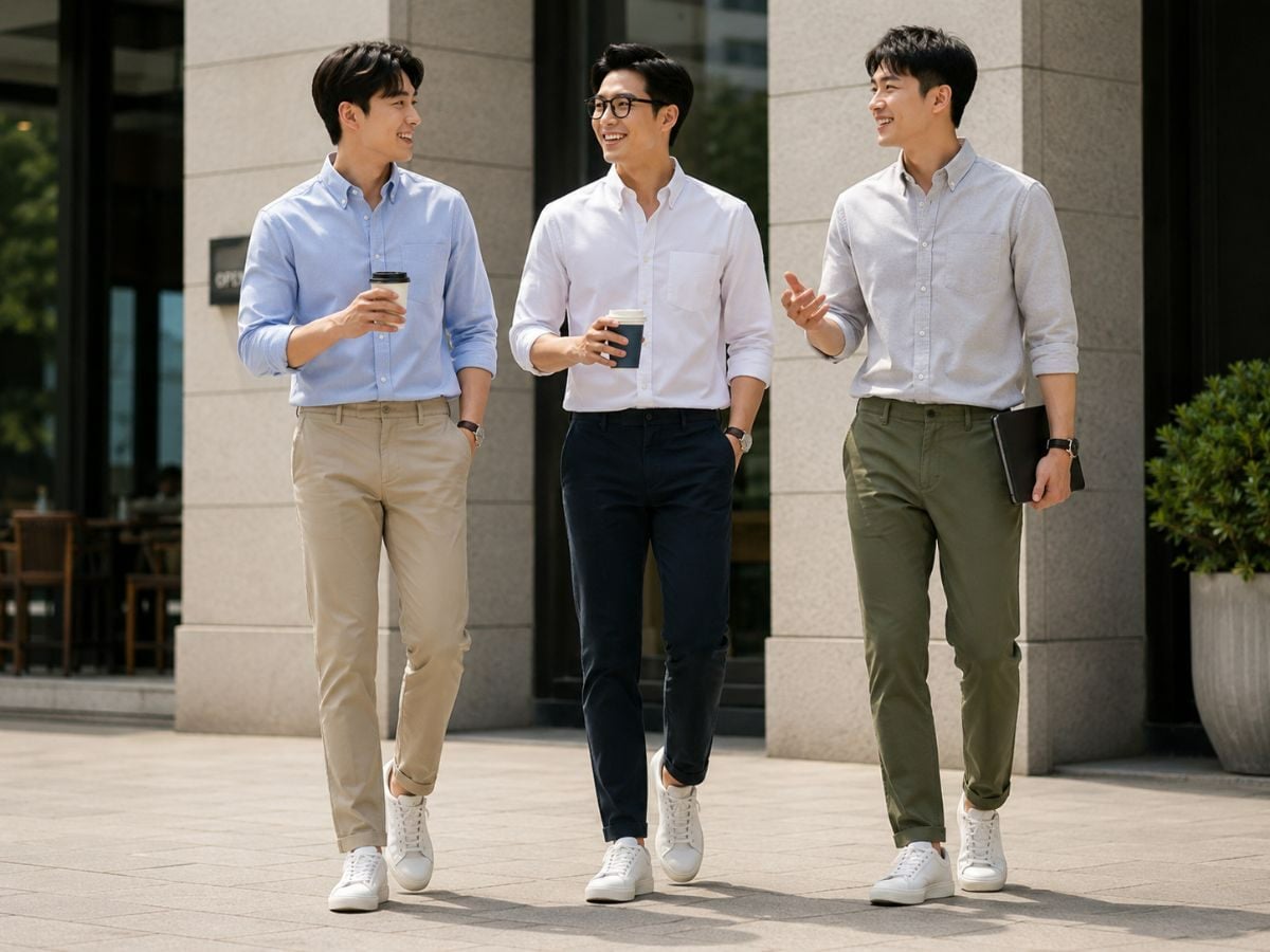 Phối áo sơ mi và quần chinos trẻ trung, thanh lịch