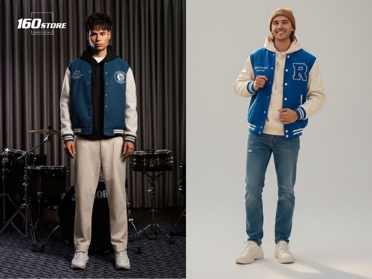 Layer áo hoodie và áo khoác varsity với quần jeans tạo vibe du xuân cá tính