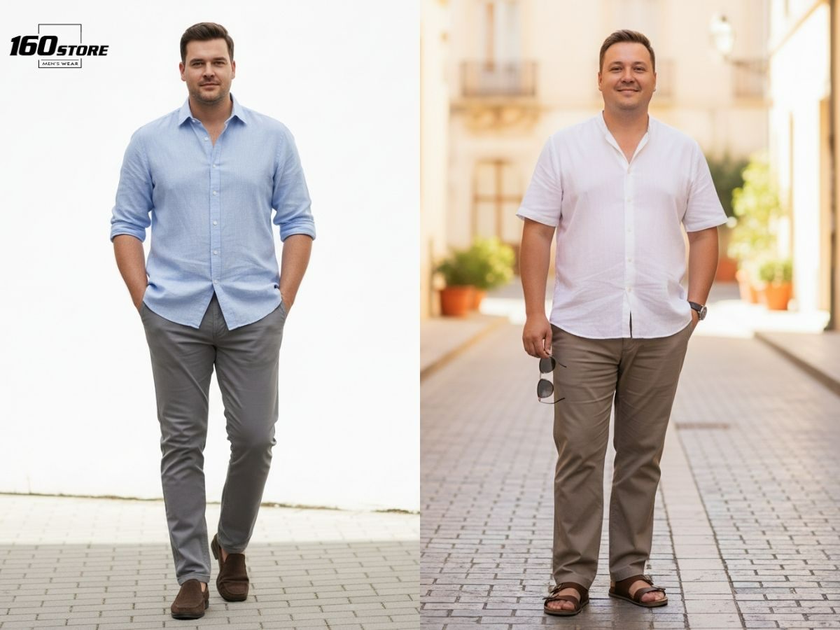 Phối áo sơ mi và quần chinos che khuyết điểm cho nam béo bụng
