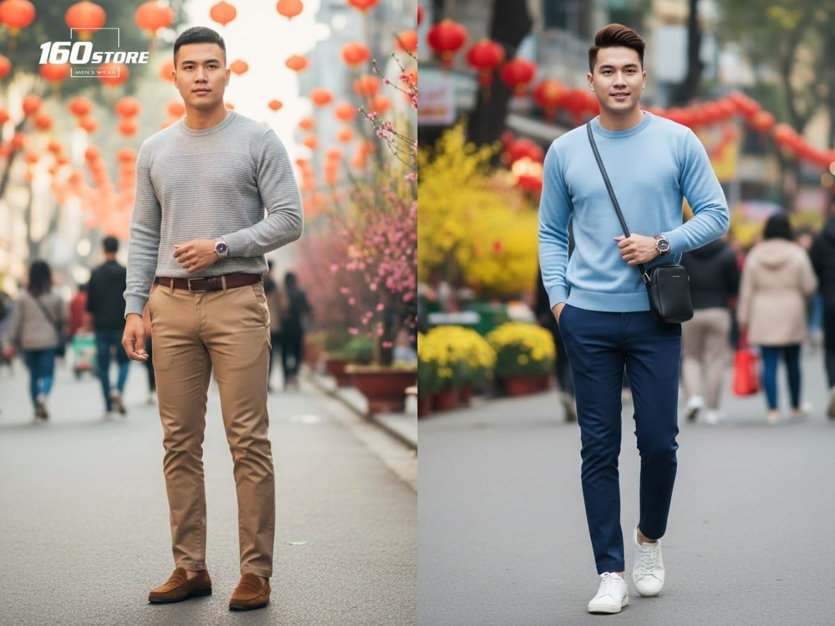 Sweater và quần chinos là set đồ Tết cho thời tiết lạnh