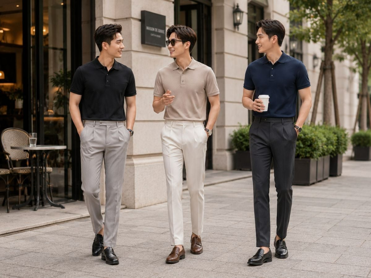 Polo dệt kim và quần ly giữa tạo diện mạo tinh tế, trưởng thành
