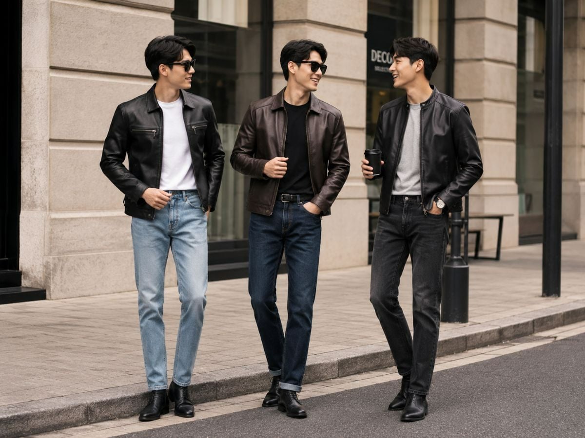 Áo khoác da phối jeans ống đứng, hợp tiệc tối trẻ trung