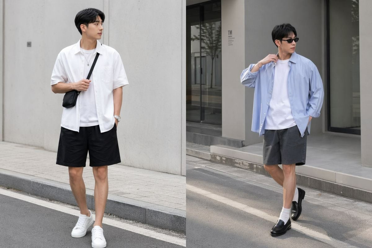 Layering áo sơ mi và quần short baggy