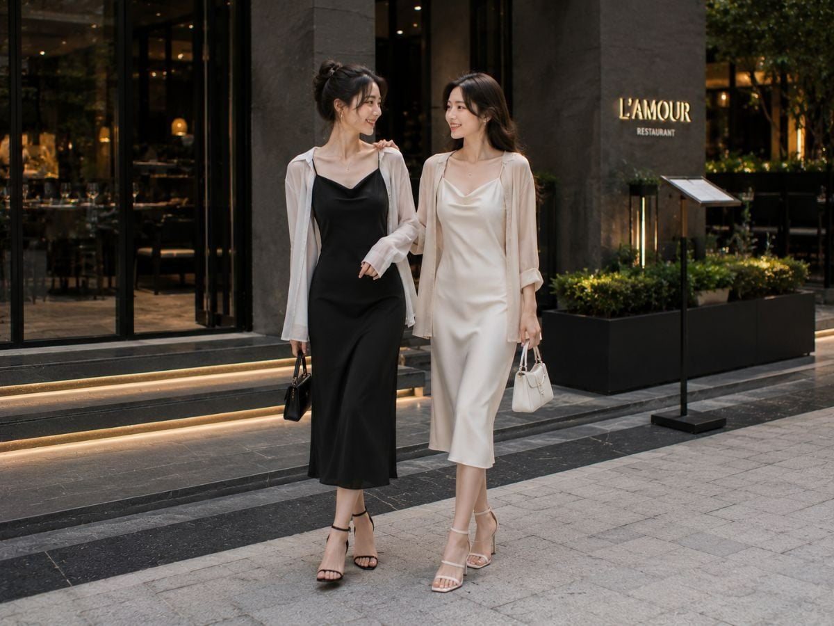 Outfit mềm mại với áo hai dây và áo khoác mỏng