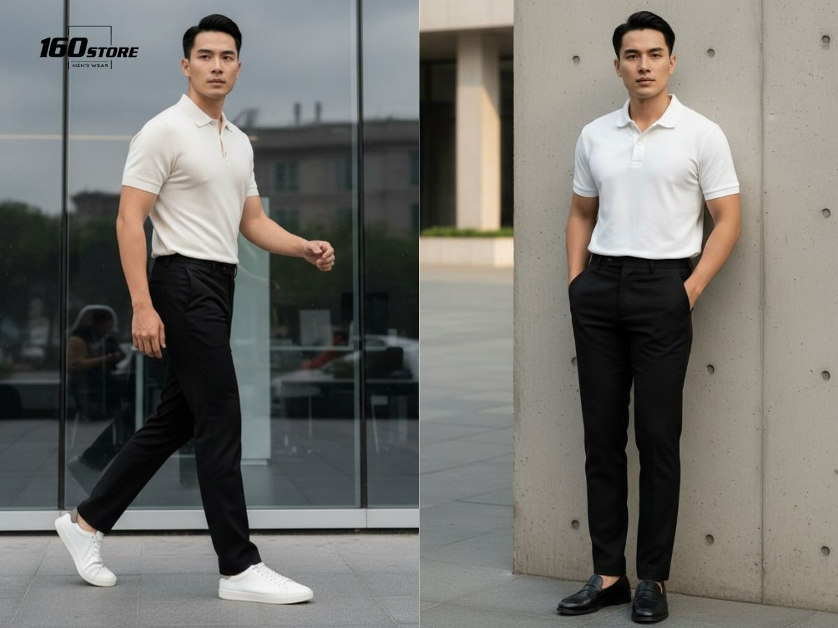 Mix áo polo trắng và quần tây đen