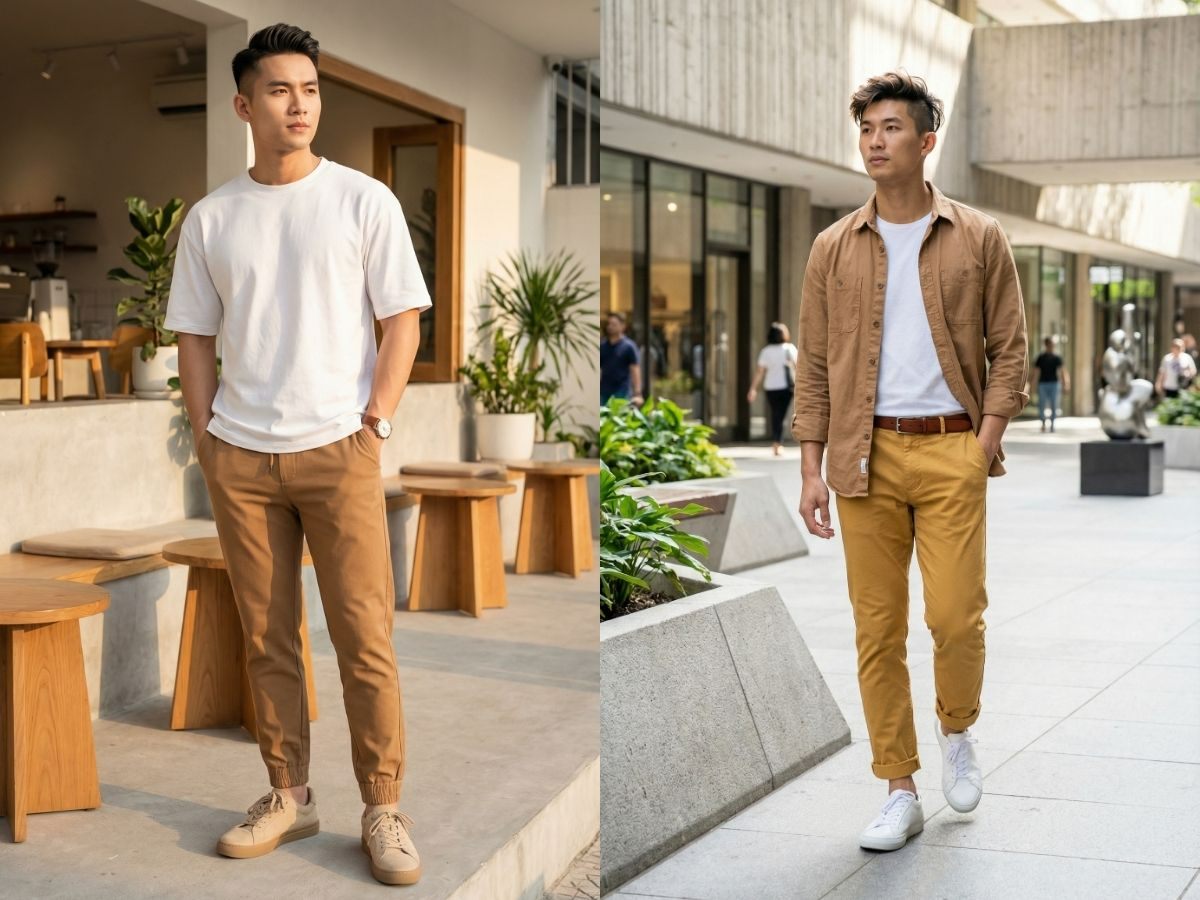 Phối đồ thoải mái với quần Jogger hoặc Kaki màu vàng bò và nâu