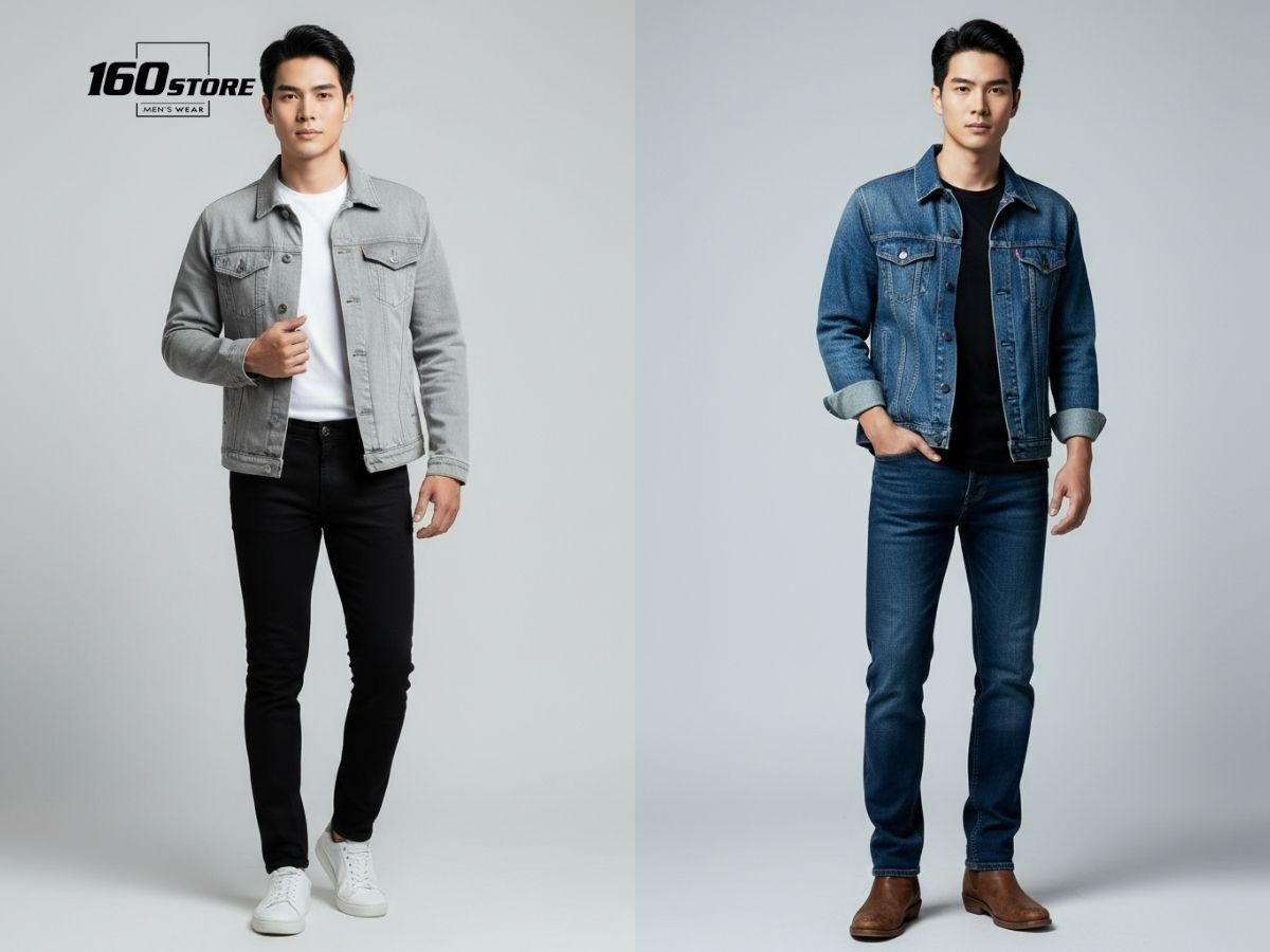 Phong cách denim on denim áo thun, áo khoác denim, quần jeans