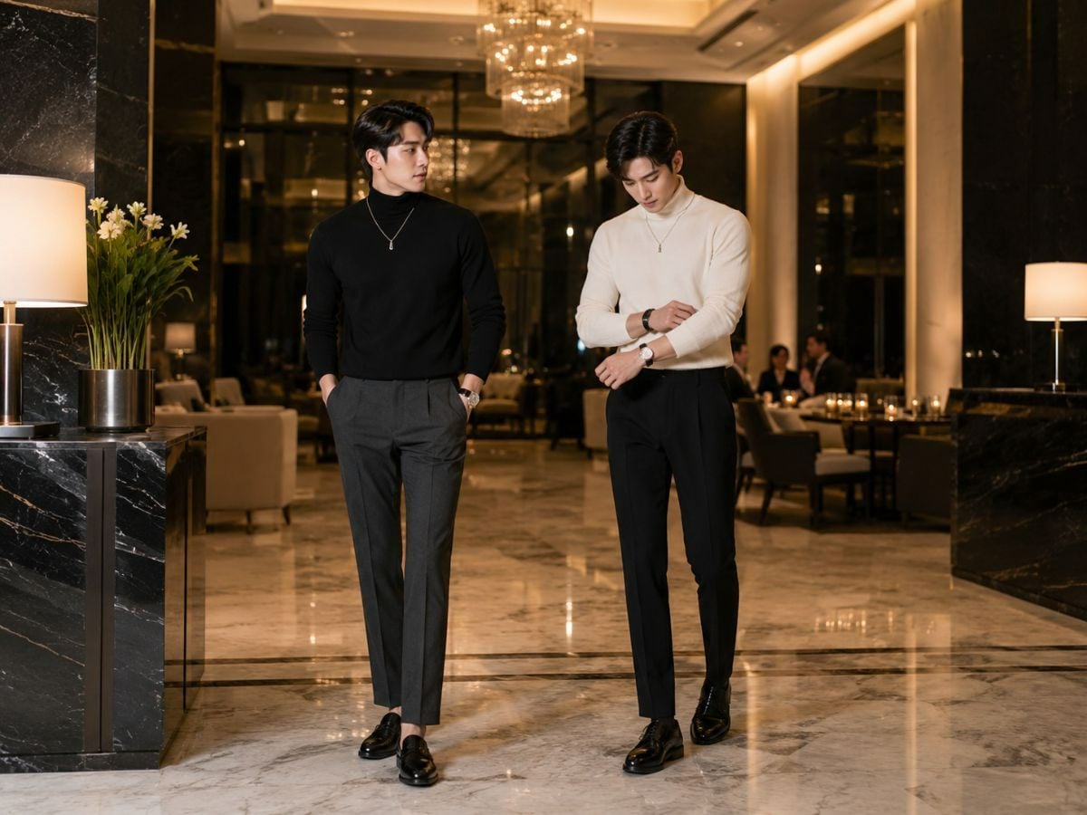 Áo len cổ lọ và quần tây tạo vẻ gọn gàng cho những buổi tiệc tối