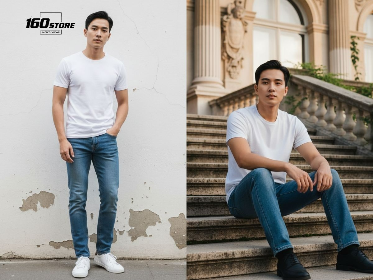 Outfit áo thun và quần jeans xanh