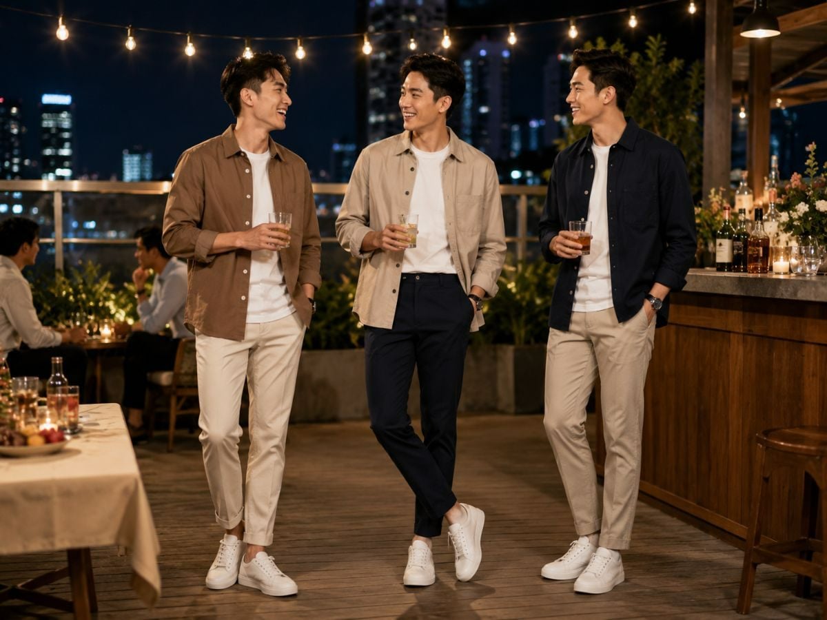 Overshirt, áo thun và chinos tạo outfit thân mật, linh hoạt