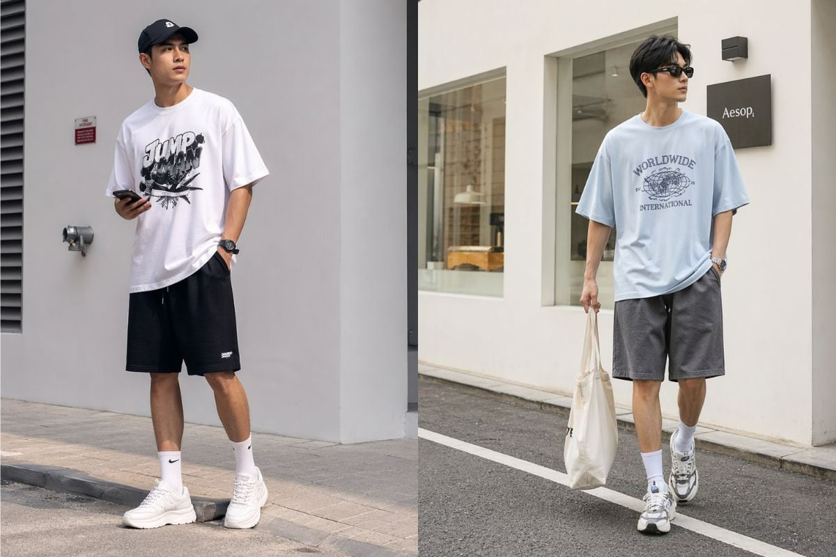 Áo thun oversized graphic và quần short baggy