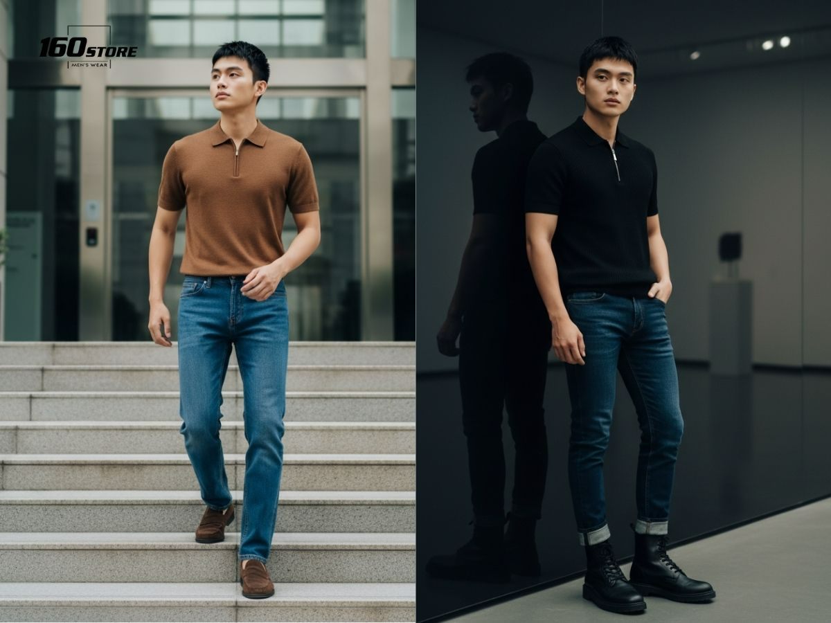 Phối áo polo cổ zip và quần jeans