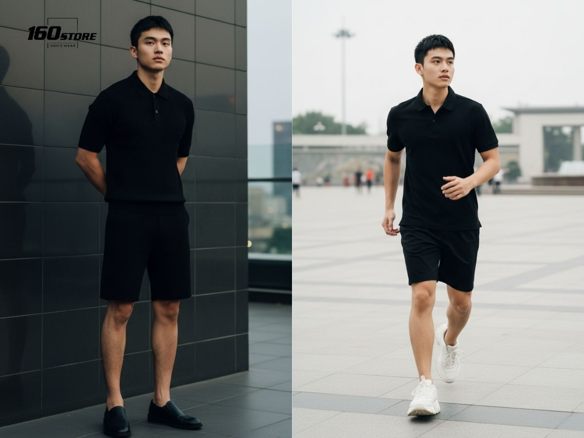 Phối áo polo quần short đen