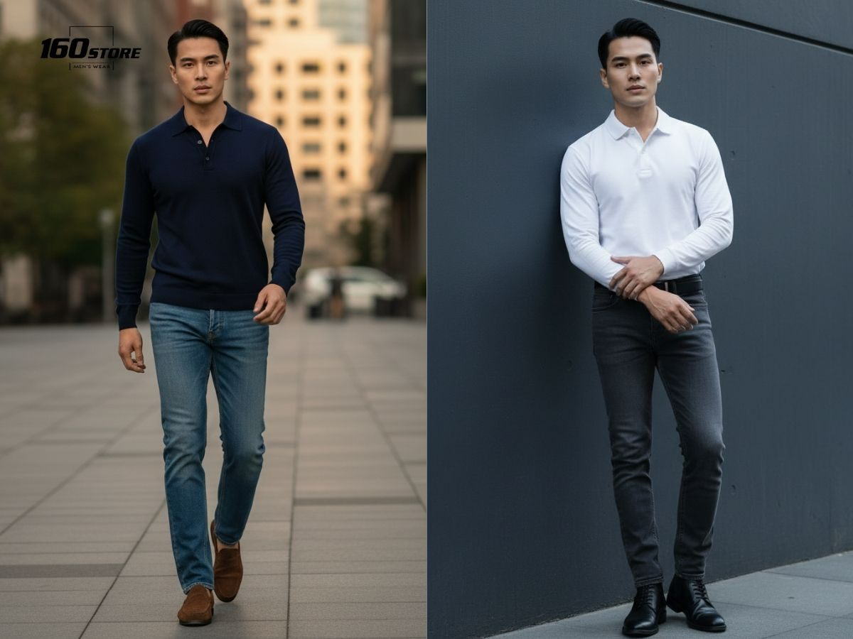 Phối áo polo tay dài cùng quần jeans