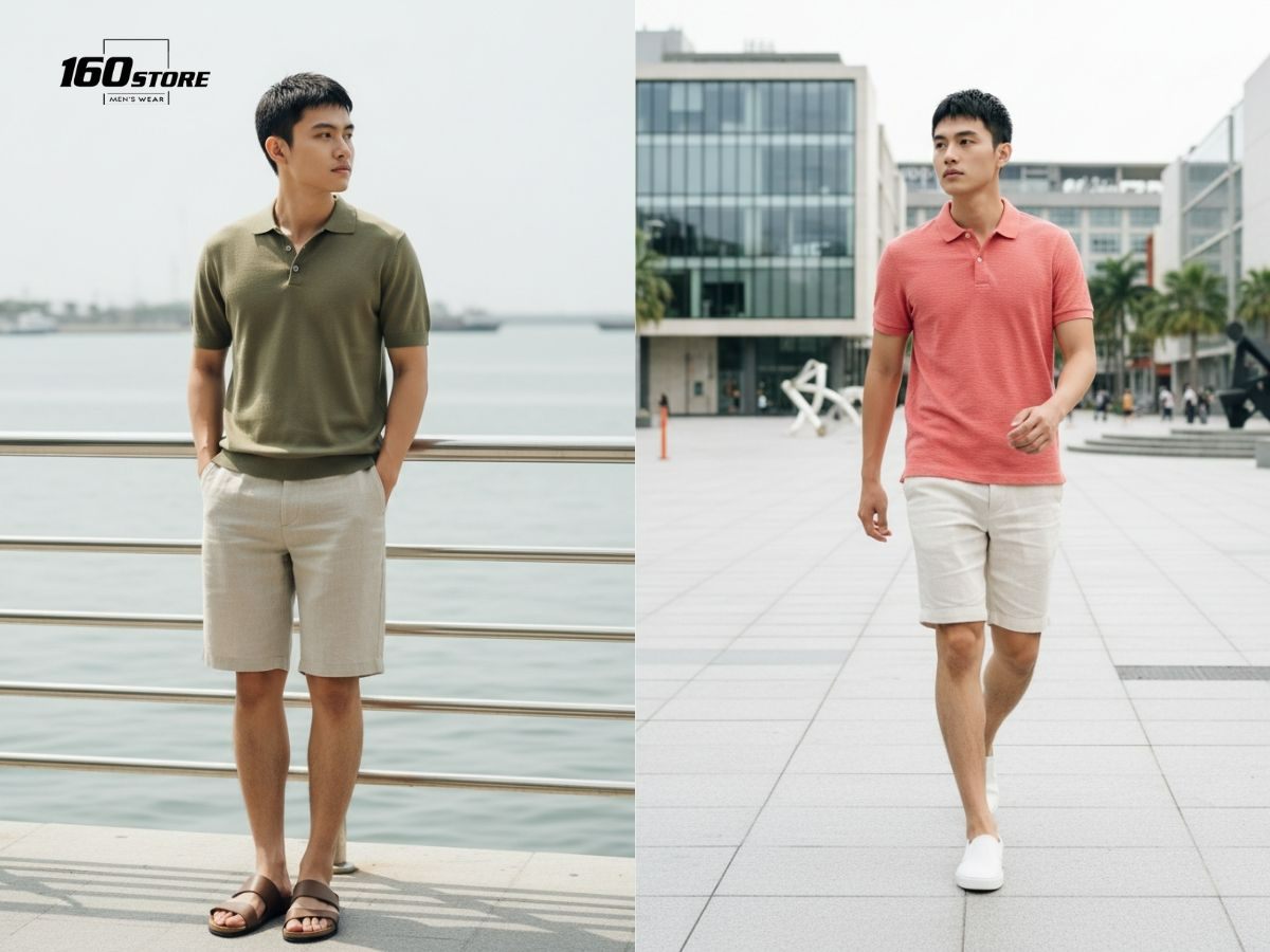 Phối áo polo và quần short linen