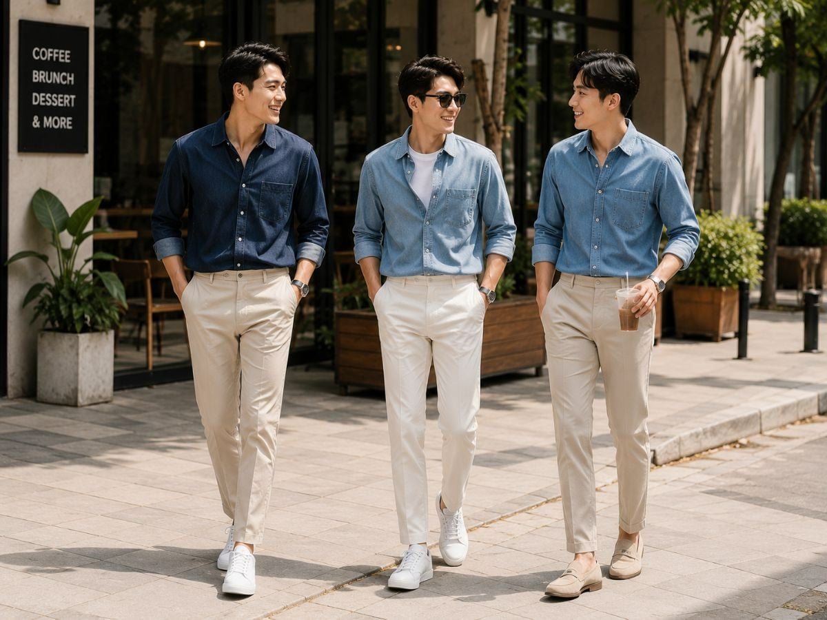 Phối áo sơ mi denim và quần sáng màu