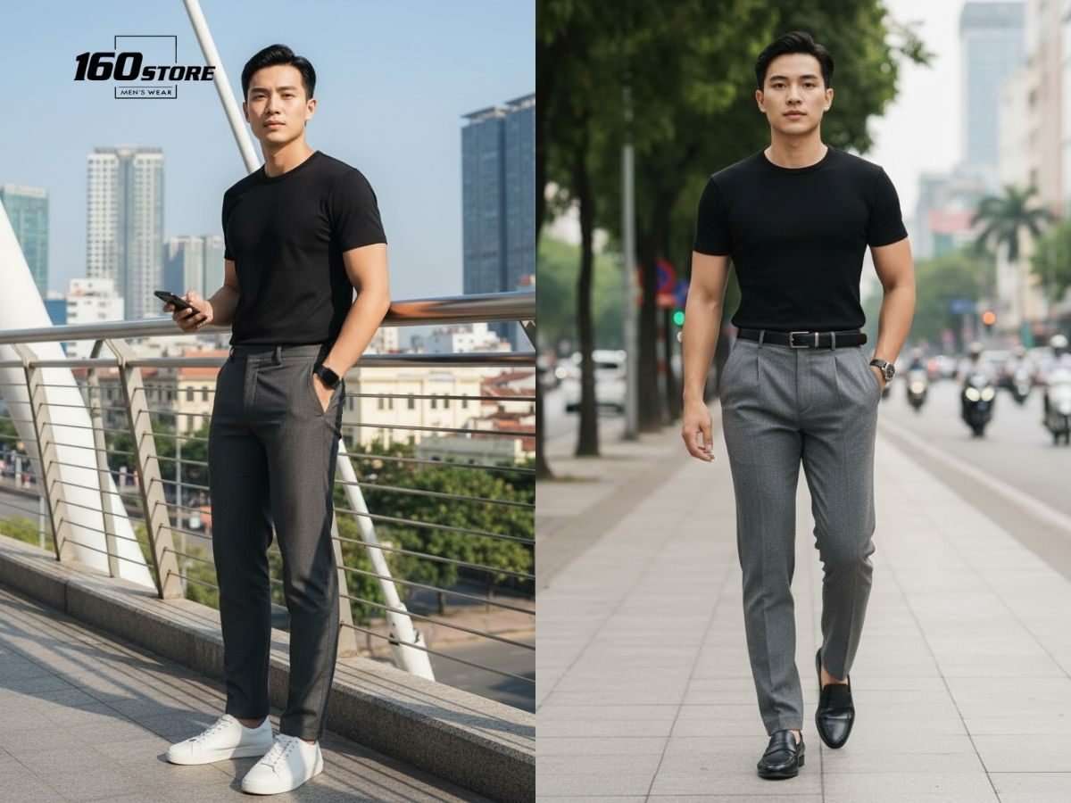 Phối áo thun đen và quần tây xám đẹp