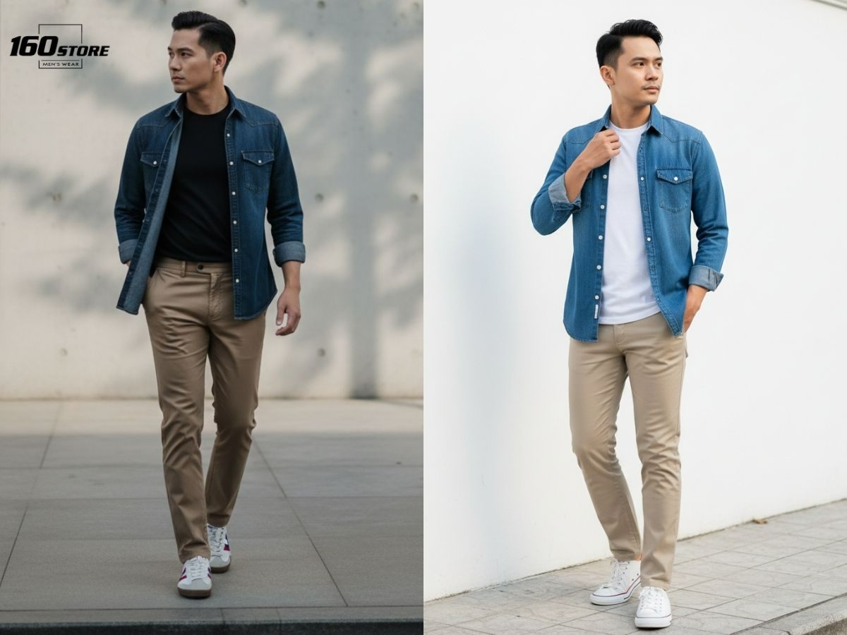 Nam gầy phối quần dài và áo sơ mi khoác ngoài