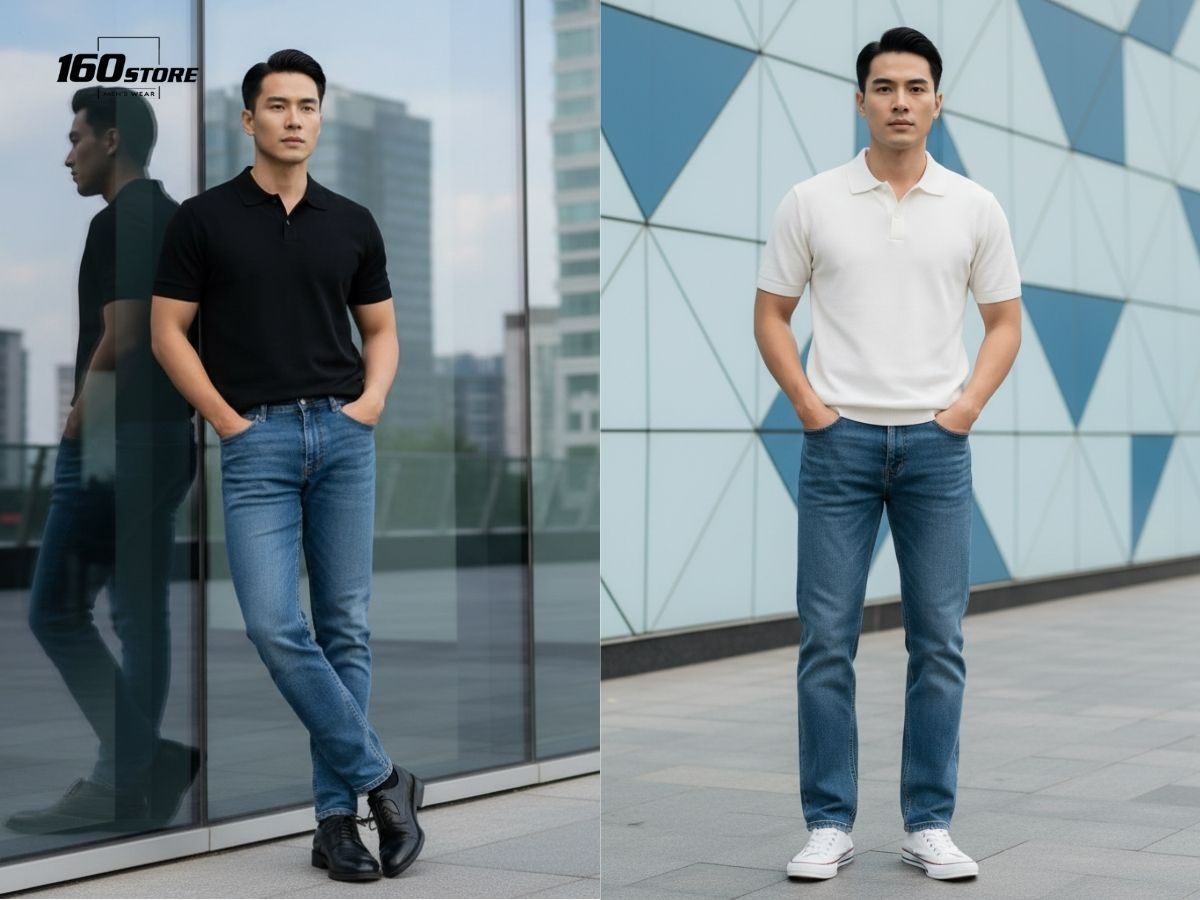Phối quần jeans xanh và áo polo