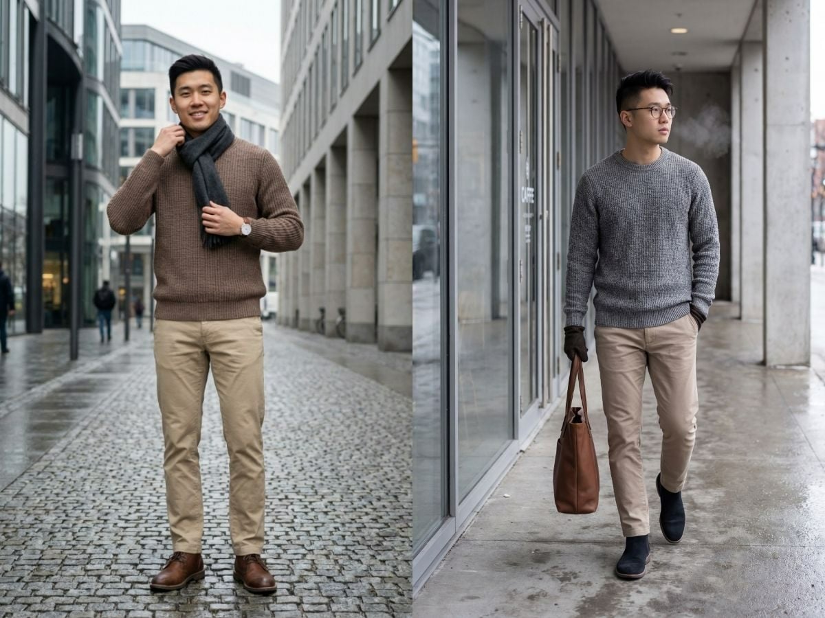 Phối quần kaki với áo len nam mùa đông
