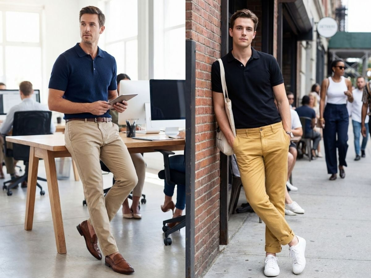 Phối quần kaki với áo polo nam thanh lịch, công sở