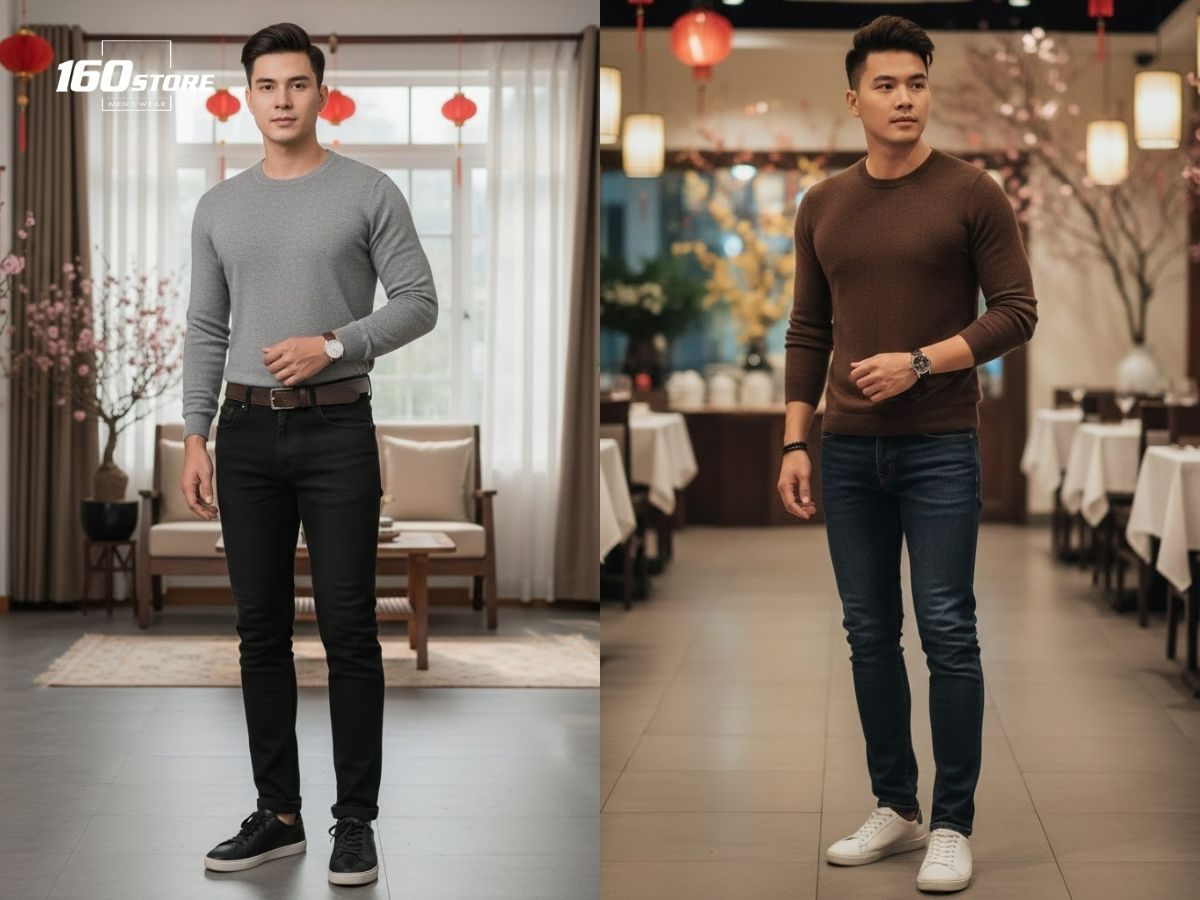 Jeans tối màu và áo len mỏng phù hợp với những buổi hẹn hò, du xuân
