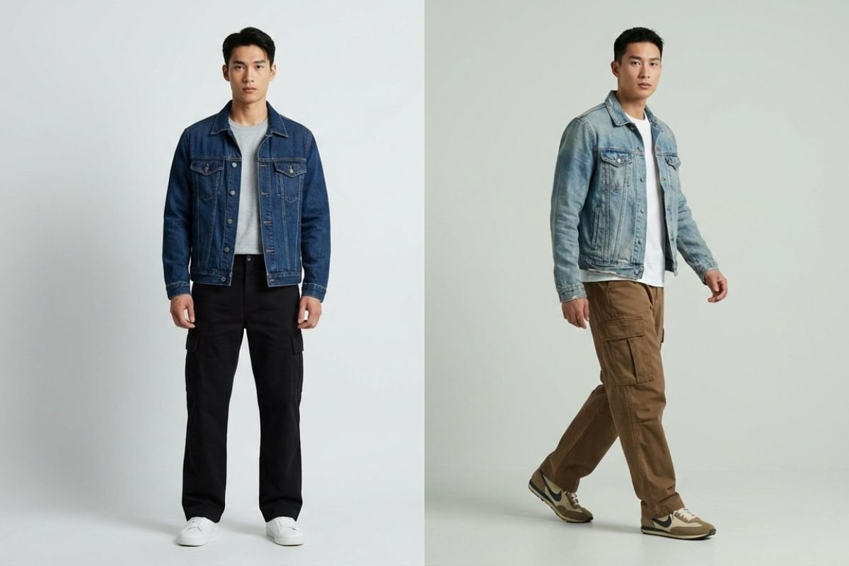 Mix and match quần cargo túi hộp với áo khoác denim bụi bặm