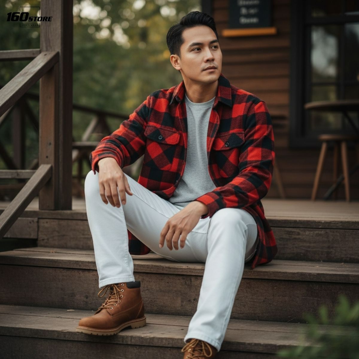 Quần trắng phối áo sơ mi Flannel