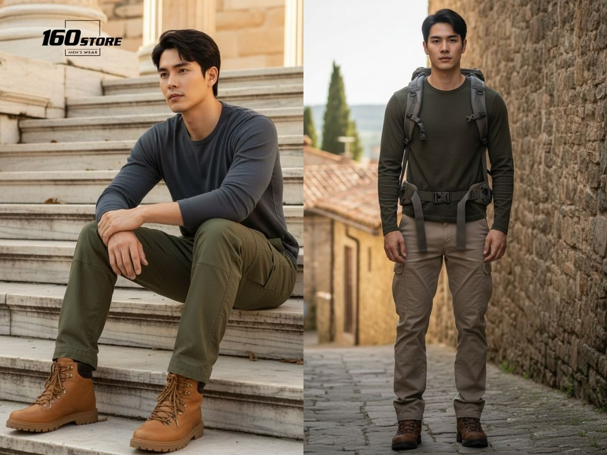 Phối đồ cắm trại với áo thun tay dài và quần cargo