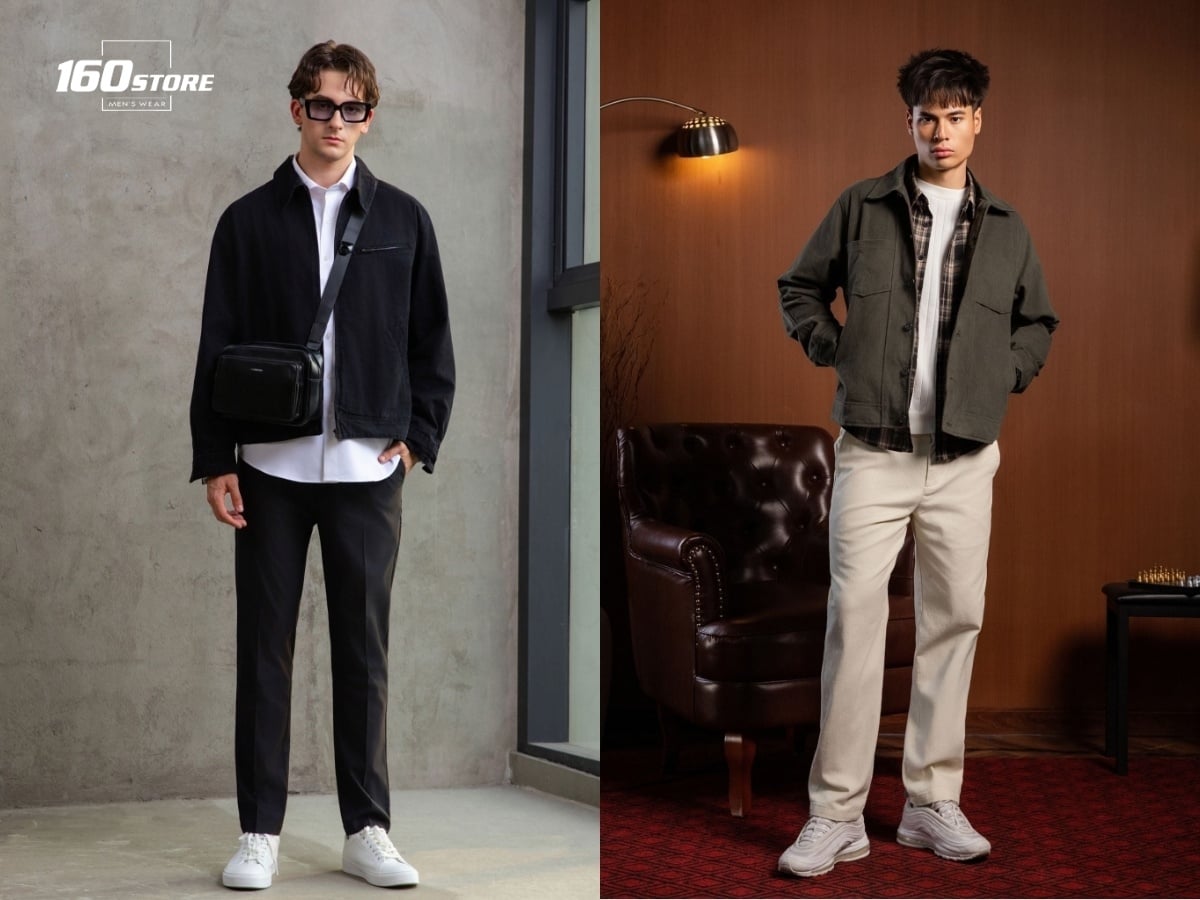 Overshirt hoặc sơ mi khoác ngoài và quần tây tạo set đồ hiện đại đi chùa