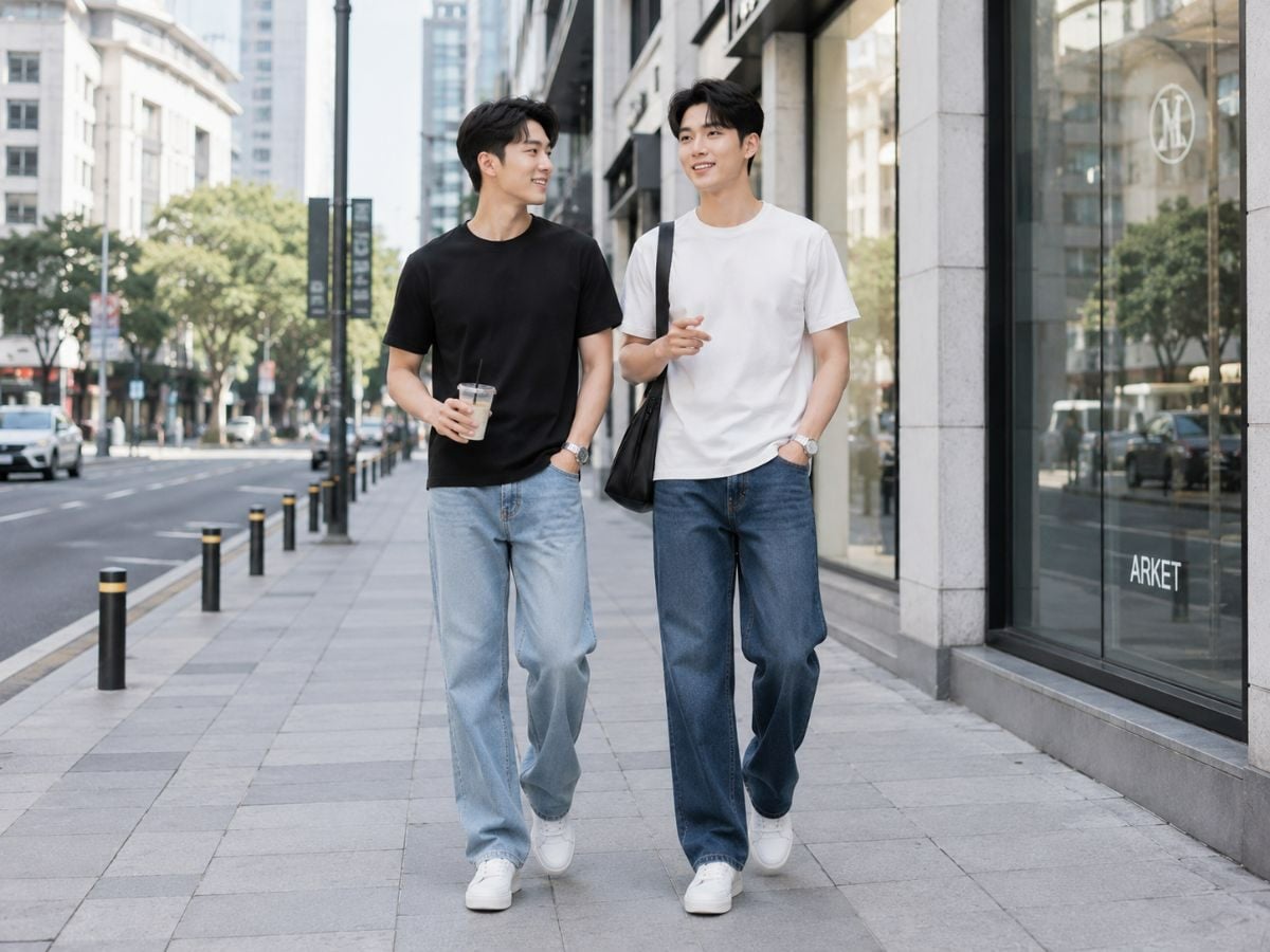 Quần jeans phối áo thun năng động cho nam giới