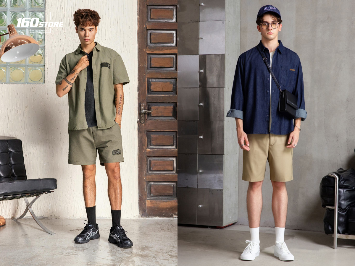 Phối đồ đi cafe bạn bè thoải mái với quần short, áo sơ mi khoác ngoài và áo thun