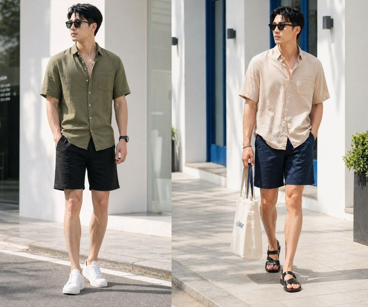 Short linen phối sơ mi túi gọn gàng