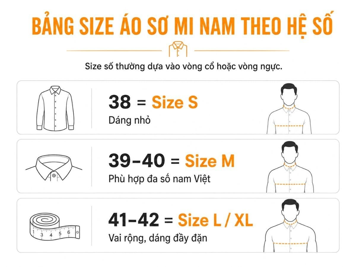Size áo sơ mi nam theo hệ số