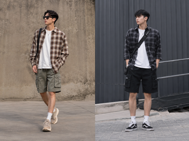 Sơ mi caro phối quần short cargo tạo vẻ ngoài bụi bặm, nam tính