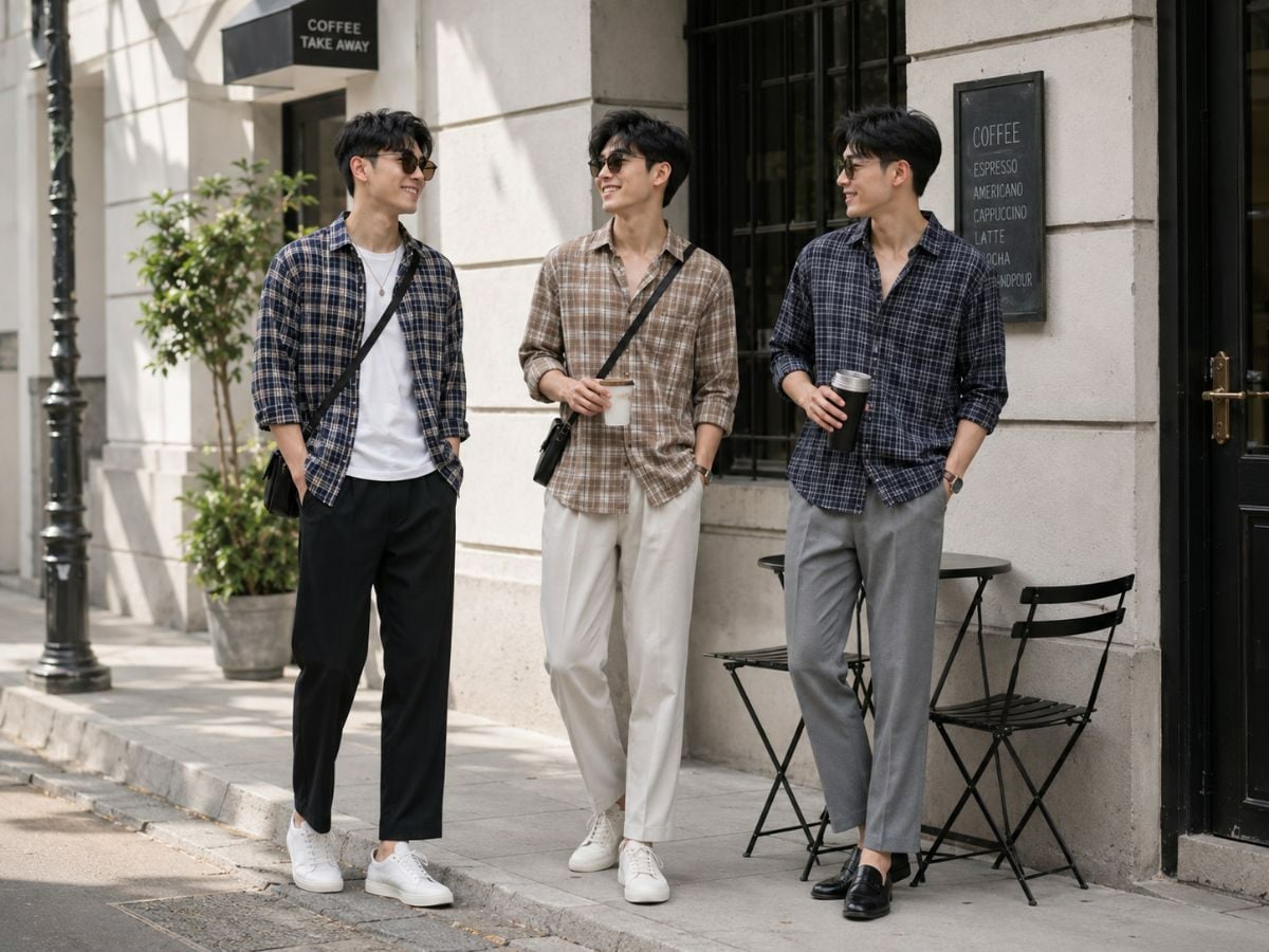 Sơ mi caro và quần tây suông tạo outfit trẻ trung cho cuối tuần