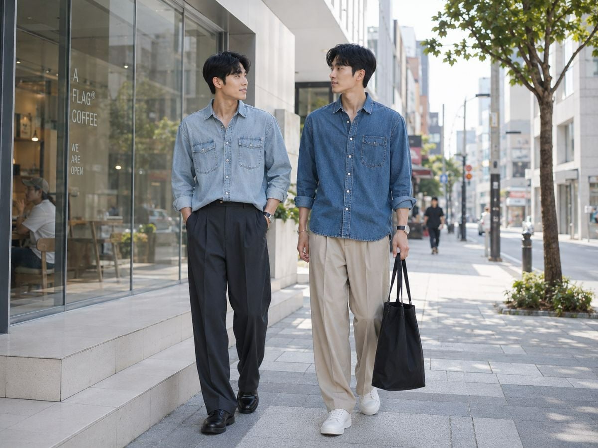 Sơ mi denim phối quần tây relaxed mang nét nam tính, phóng khoáng