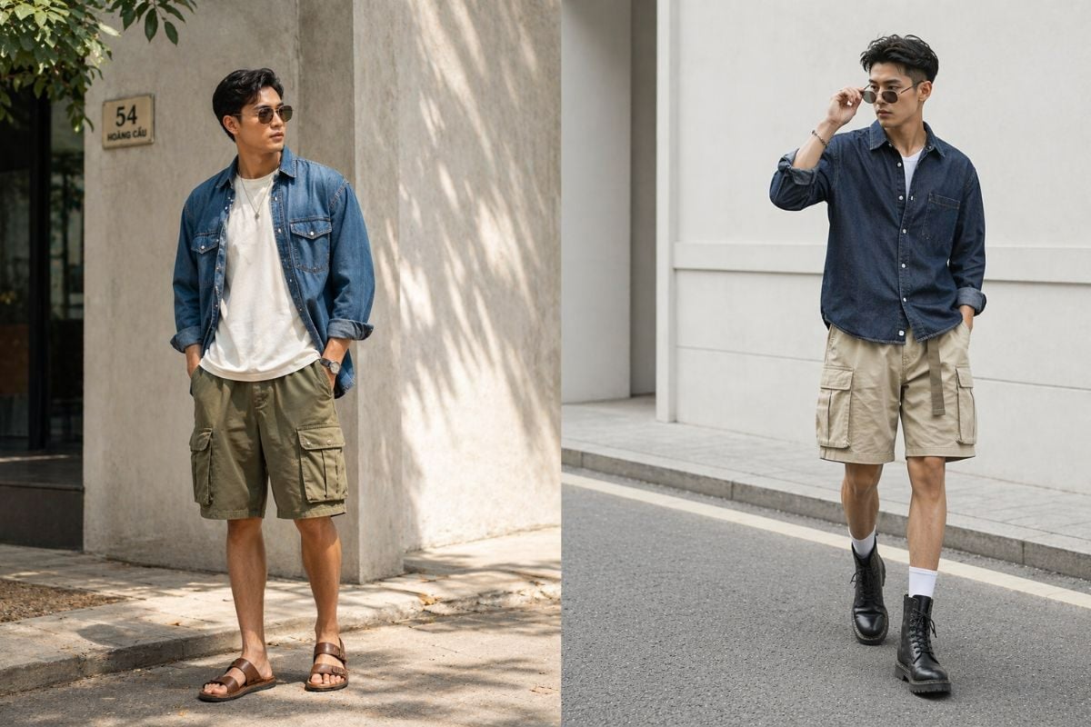 Phong cách vintage với sơ mi denim và quần short cargo baggy