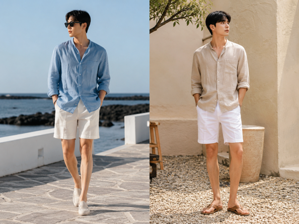 Sơ mi linen phối quần short sáng màu phù hợp những ngày hè nhẹ nhàng