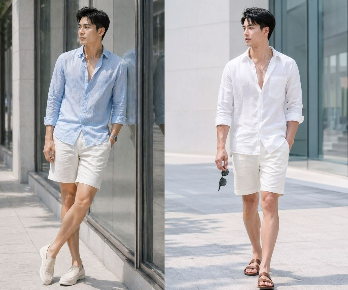 Áo sơ mi tay dài mở cúc và quần short linen