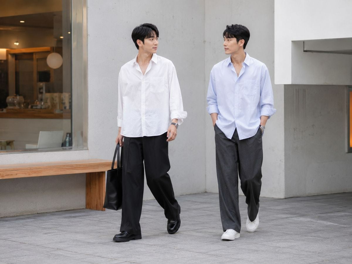 Sơ mi oversize và quần tây wide leg tạo phong cách Hàn Quốc hiện đại