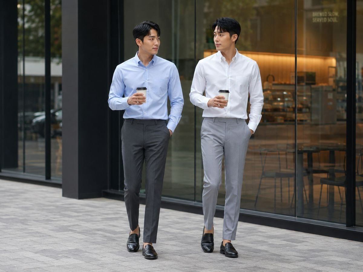 Sơ mi Oxford phối quần tây suông nhẹ tạo diện mạo gọn gàng