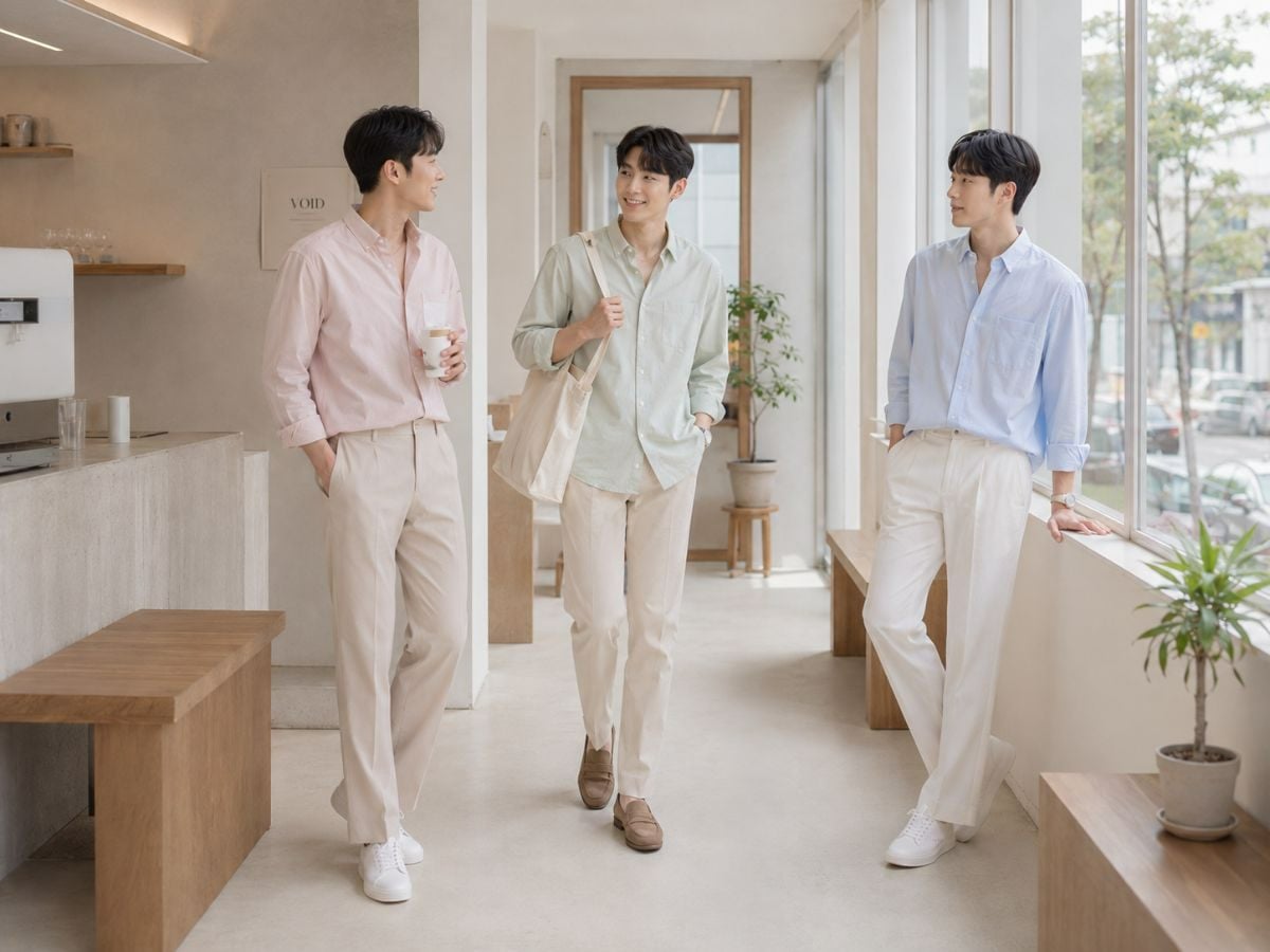 Sơ mi pastel phối quần tây be giúp outfit nhã nhặn, dễ thiện cảm