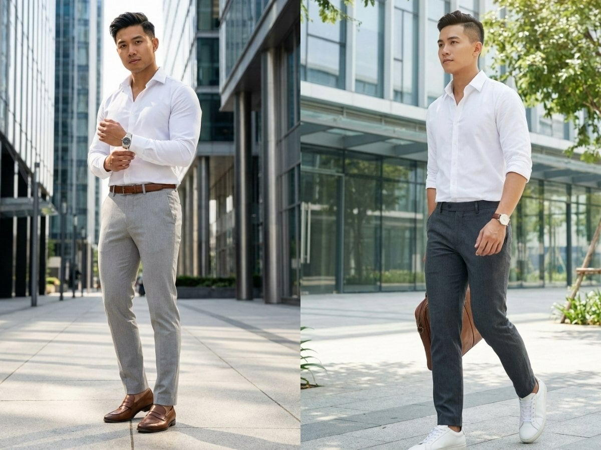 Phối đồ công sở với áo sơ mi trắng và quần tây xám