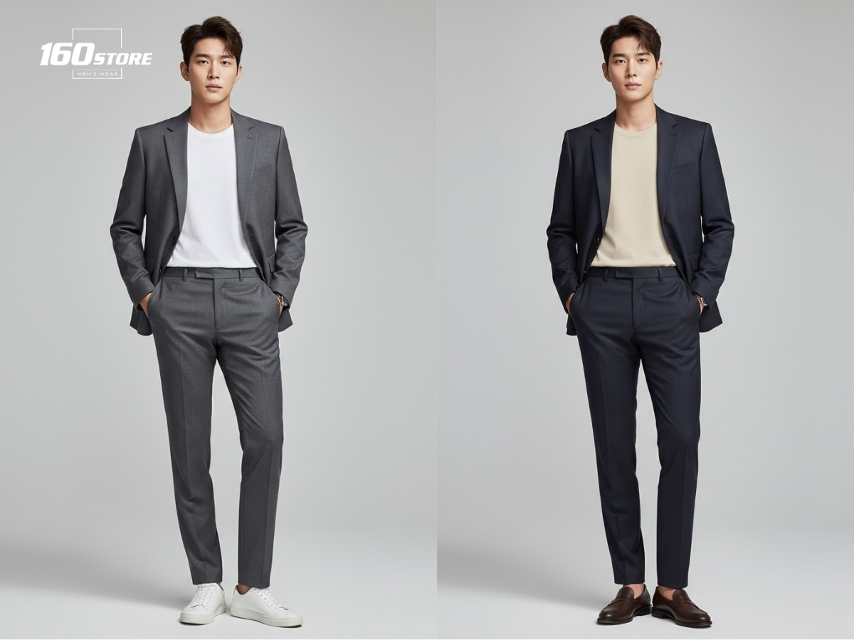 Kết hợp suit tối giản và áo thun cổ tròn cân bằng vẻ lịch lãm và nét năng động