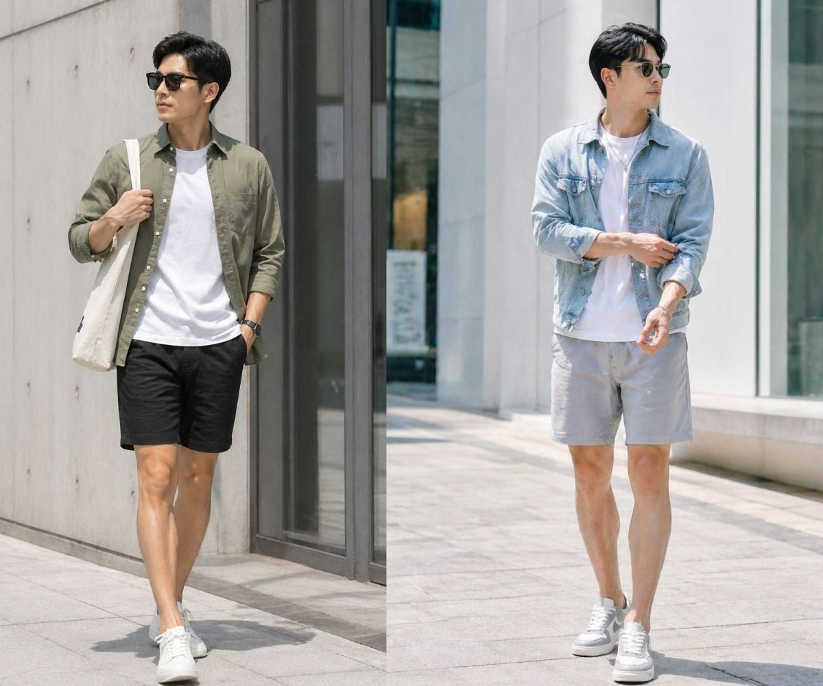 Phối short linen với áo khoác ngoài và áo thun