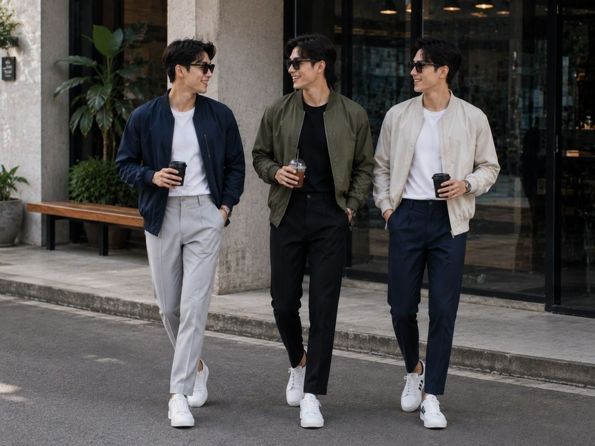 Trẻ trung với áo bomber, áo thun và quần tây
