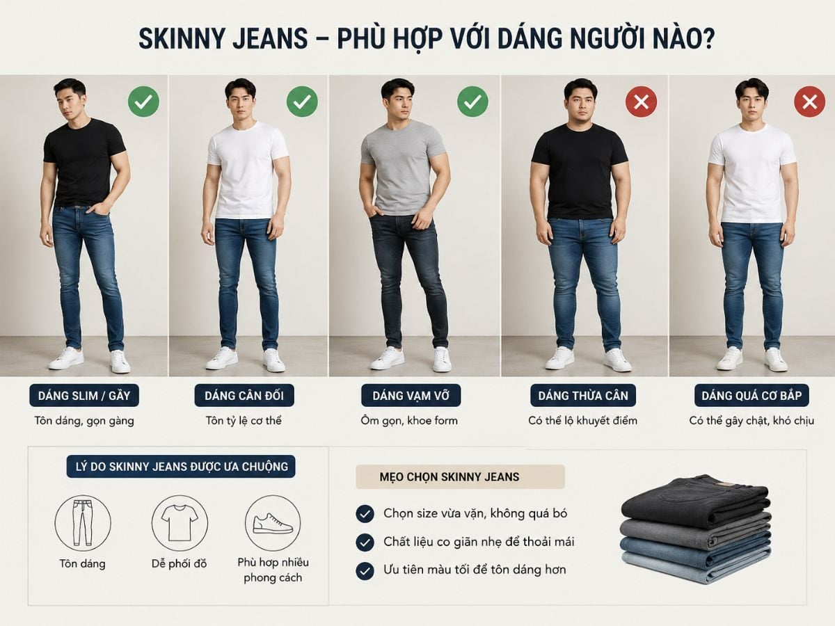 Skinny jeans phù hợp với nam dáng cân đối, chân thon và gọn