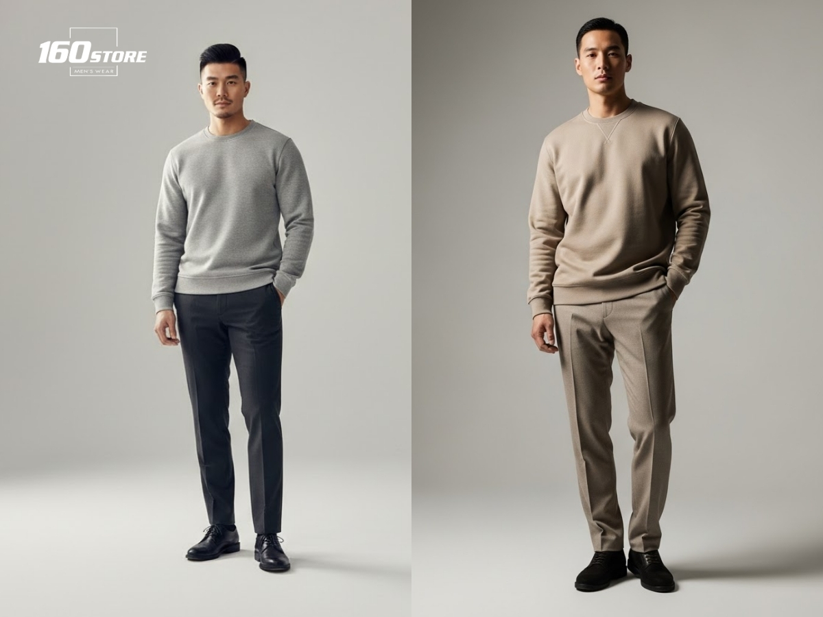 Quần tây và áo nỉ gọn gàng, thoải mái, lịch sự