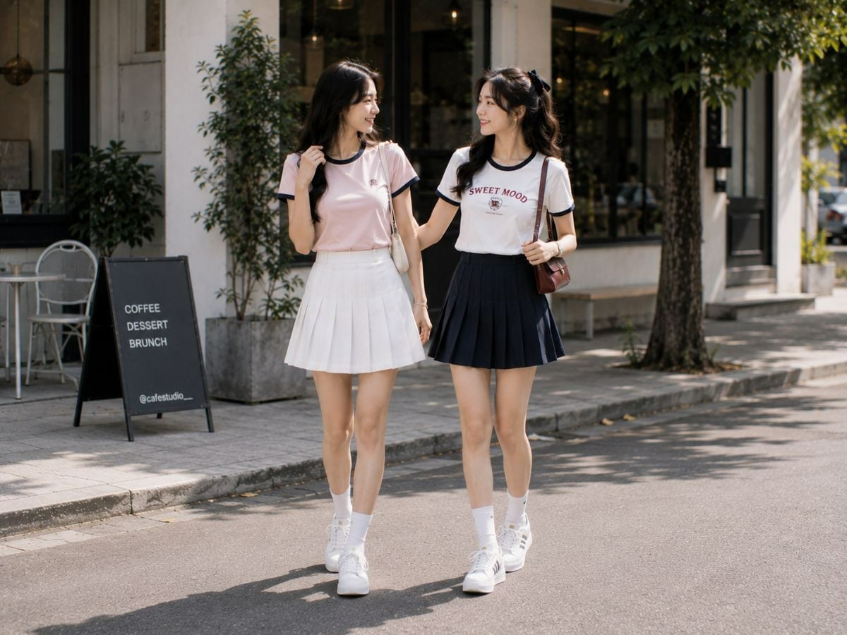 Chân váy xếp ly và áo thun nữ tính, năng động